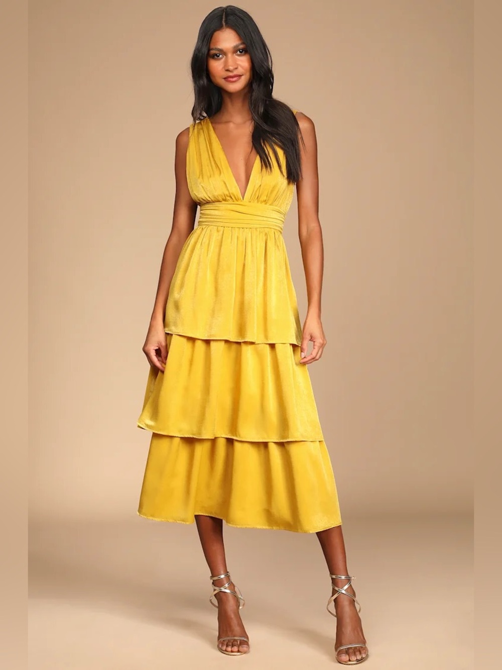 Lulus Peak Party Vibe Mustard Yellow Satin Tiered Tie-Back Midi Dress size S